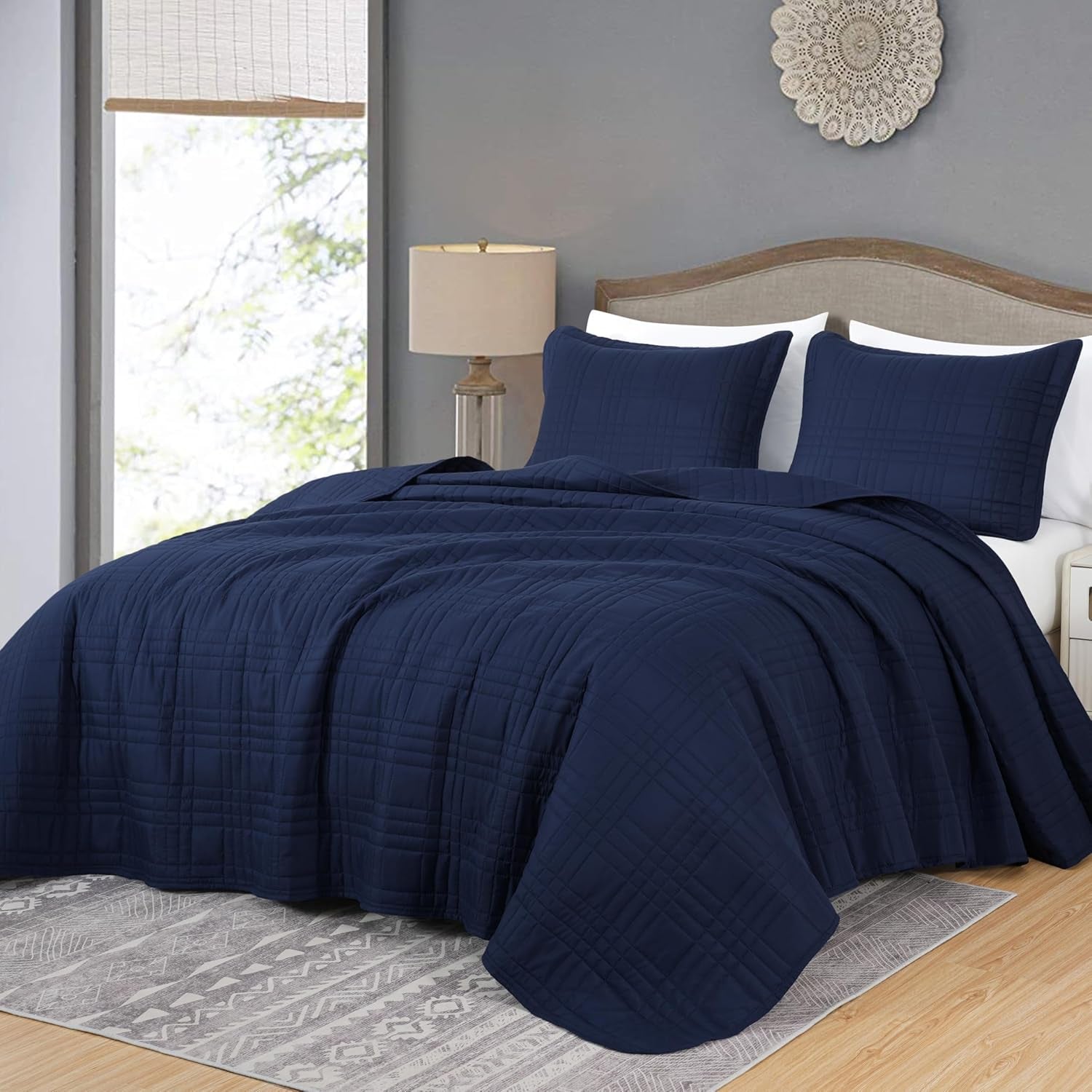 Kingston 3-Piece Oversized Bedspread Coverlet Set (Queen, Navy)