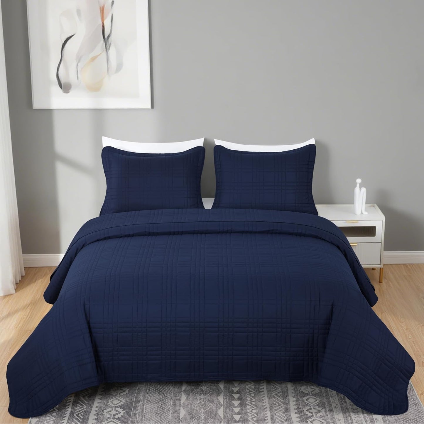 Kingston 3-Piece Oversized Bedspread Coverlet Set (Queen, Navy)